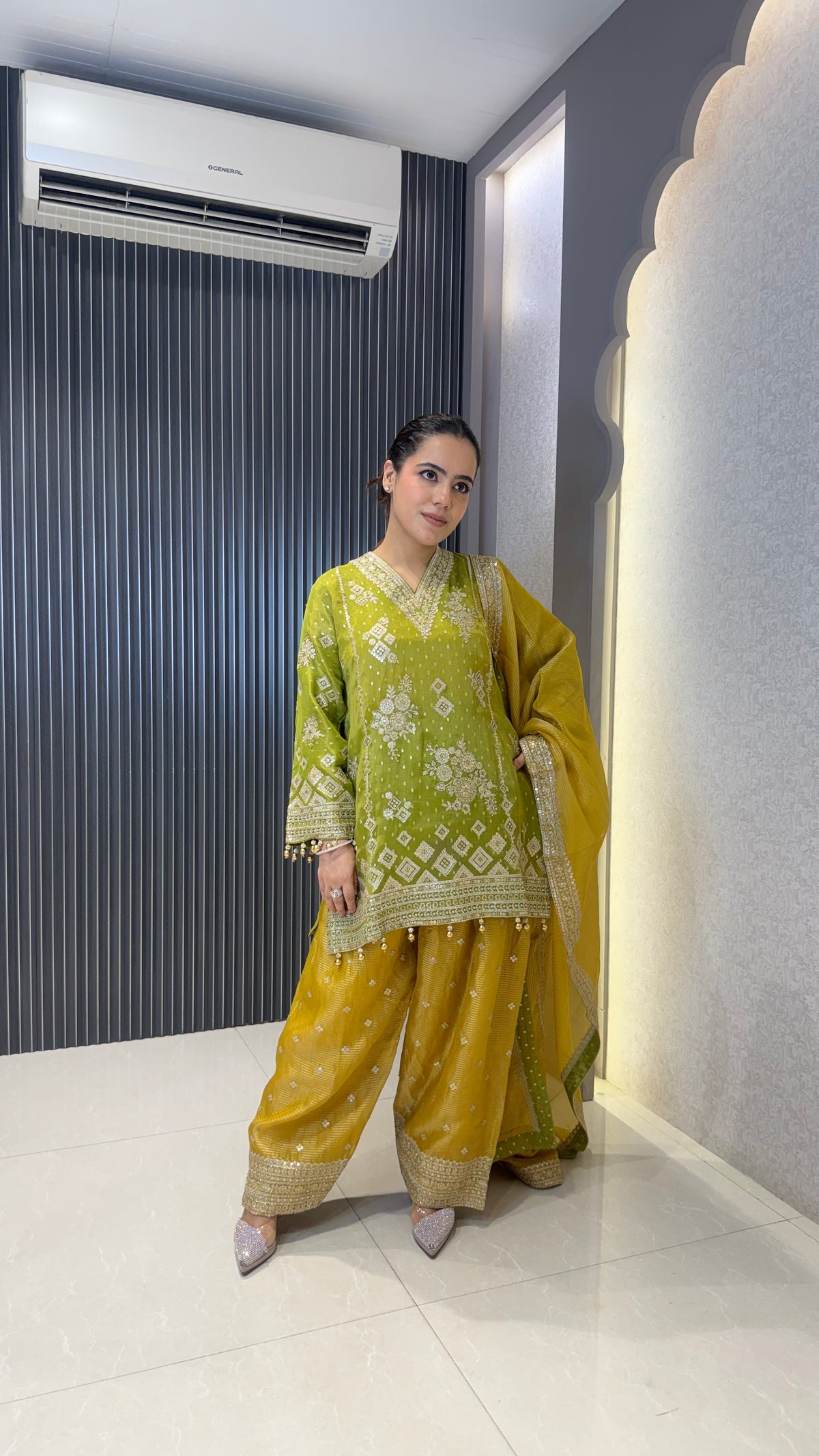 Shimmer Tissue Heavy Suit with Neam Zari Work | Party Wear Collection