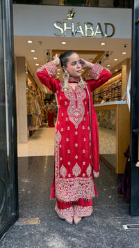 Designer Chinon Suit Set with Multicolour Stone & Beads Work (customisation available for 46/48 size)