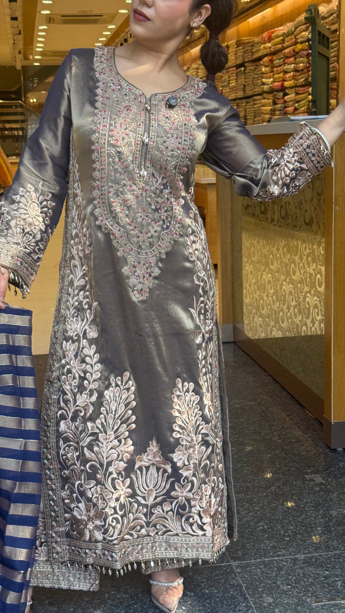 Designer Shimmer Tissue Suit Set with Thread Embroidery Beads & Multicolour Stone Work ( 46 size sides will be plain customisation available if handwork needed )
