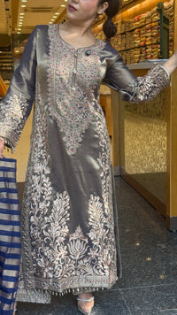 Designer Shimmer Tissue Suit Set with Thread Embroidery Beads & Multicolour Stone Work ( 46 size sides will be plain customisation available if handwork needed )