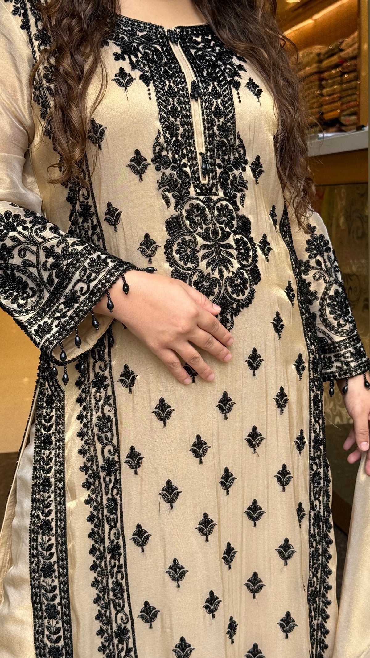 Premium Shimmer Tissue Suit Set with Beads, Cutdana & Aari Work
