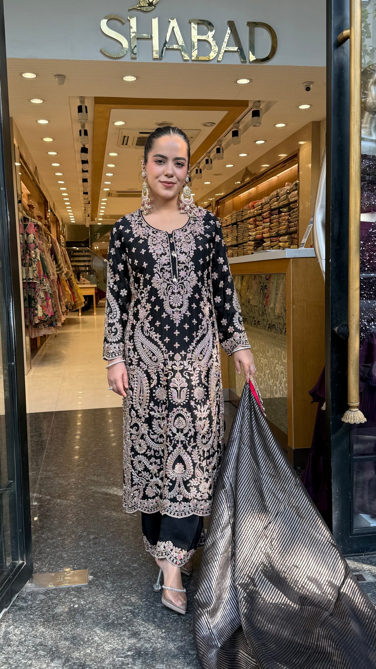 Elegant Satin Silk Suit Set with Beads & Multicolour Stone Work