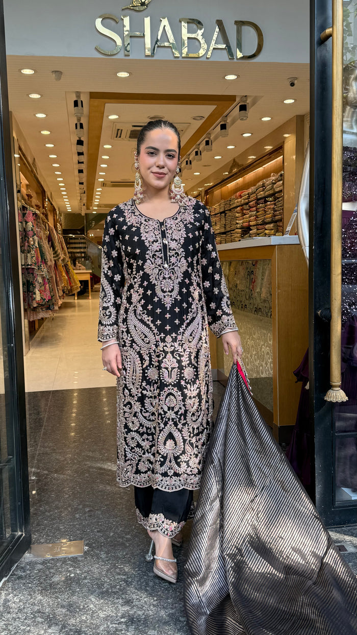 Elegant Satin Silk Suit Set with Beads & Multicolour Stone Work