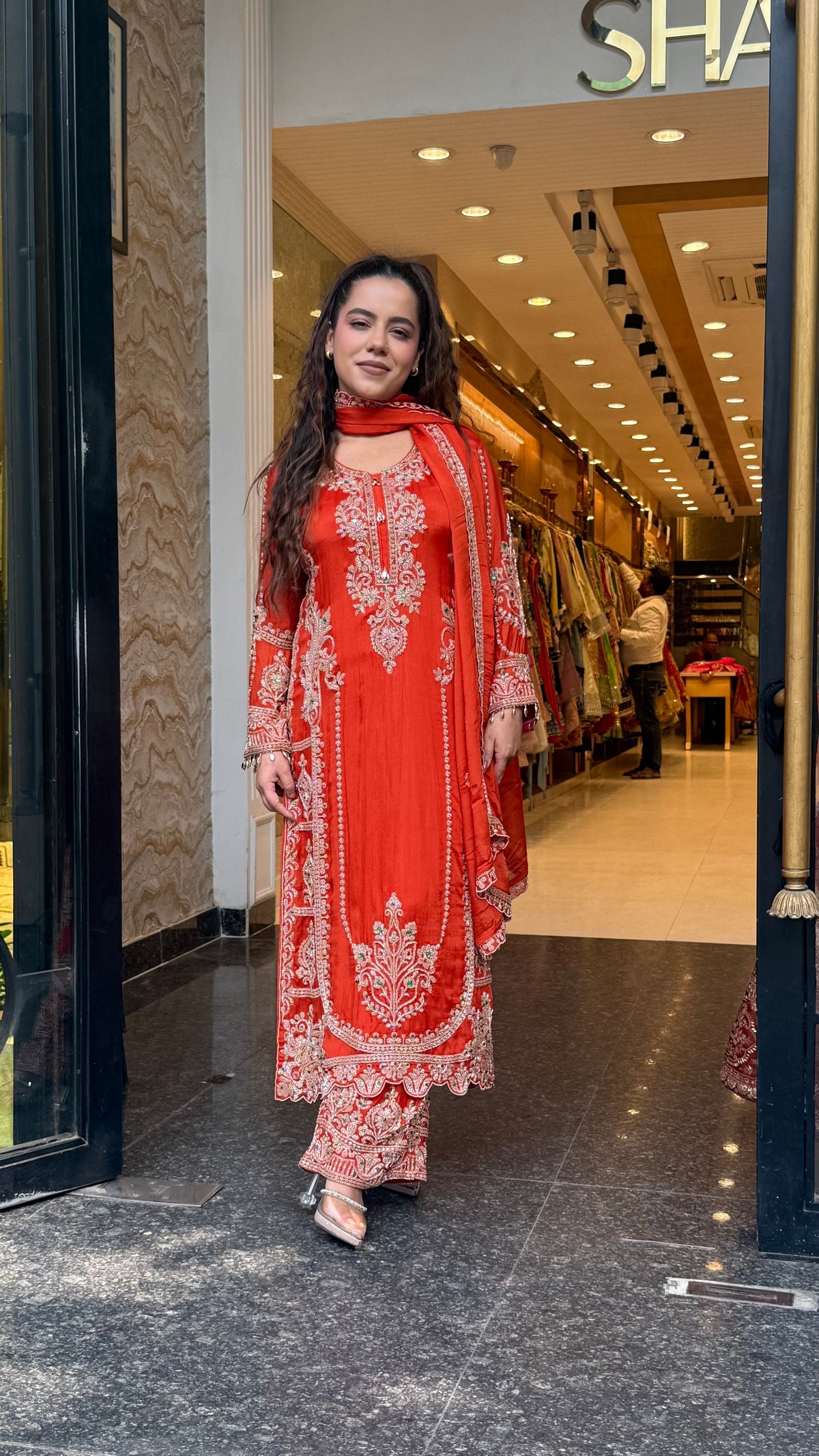 Designer Chinon Suit Set with Intricate Beads Work | Sizes Up to 42