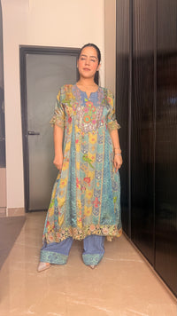 Printed Shimmer Silk Suit with Handwork Neckline
