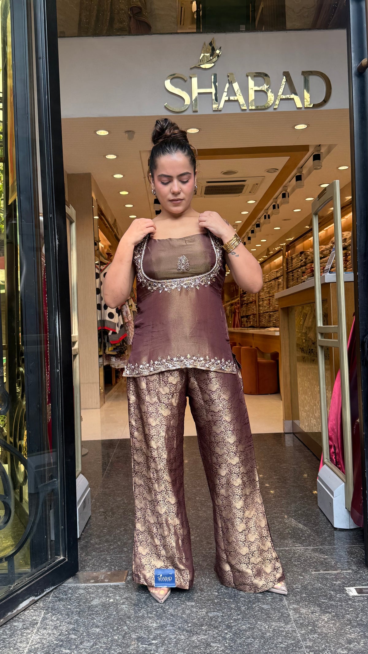 Shimmer Tissue Shirt & Blouse with Brocade Pants | Dabka & Cutdana Embellished Coord Set