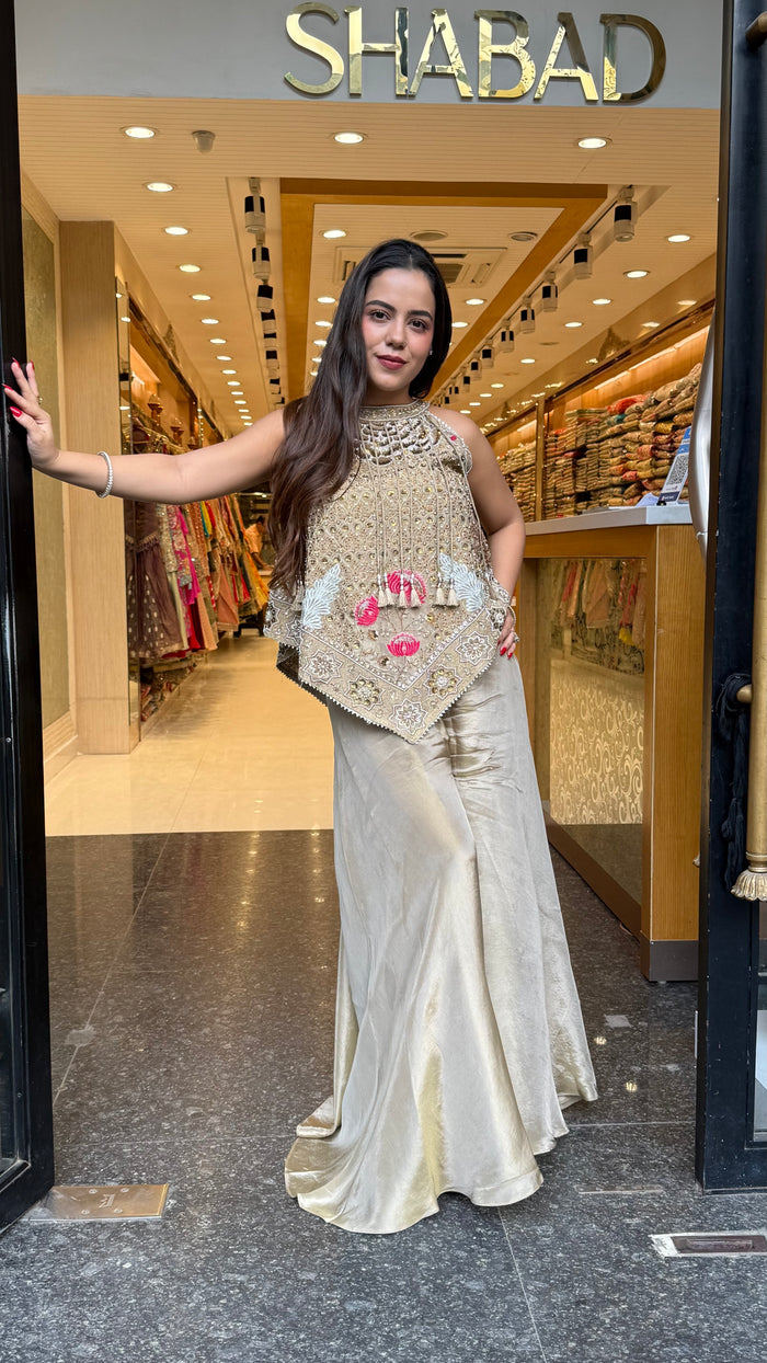 Pure Shimmer Silk Indo-Western with Handwork Thread, Zari, Cutdana & Pearl Embroidery
