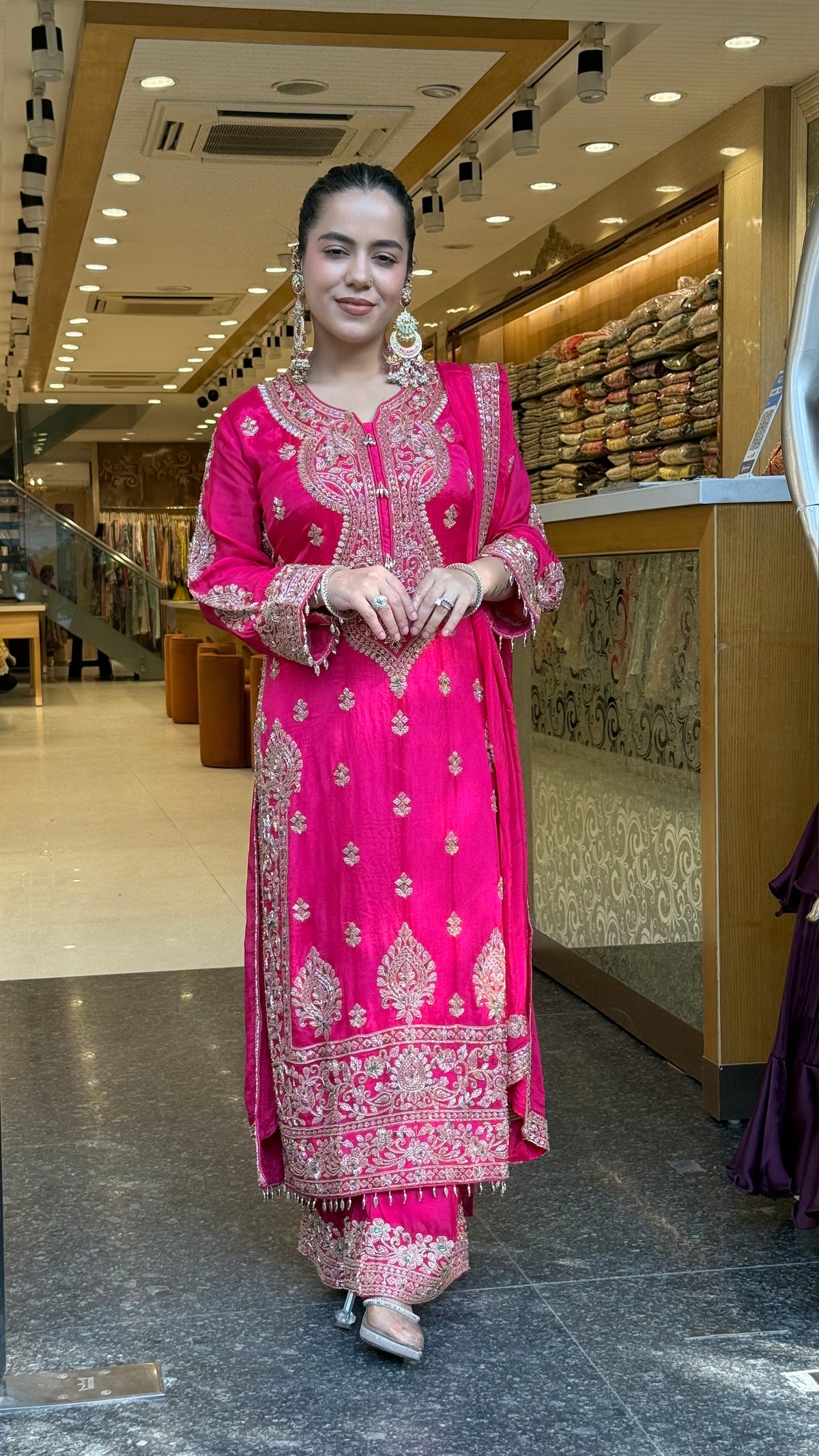 Designer Chinon Suit Set with Multicolour Stone & Beads Work (customisation available for 46/48 size)