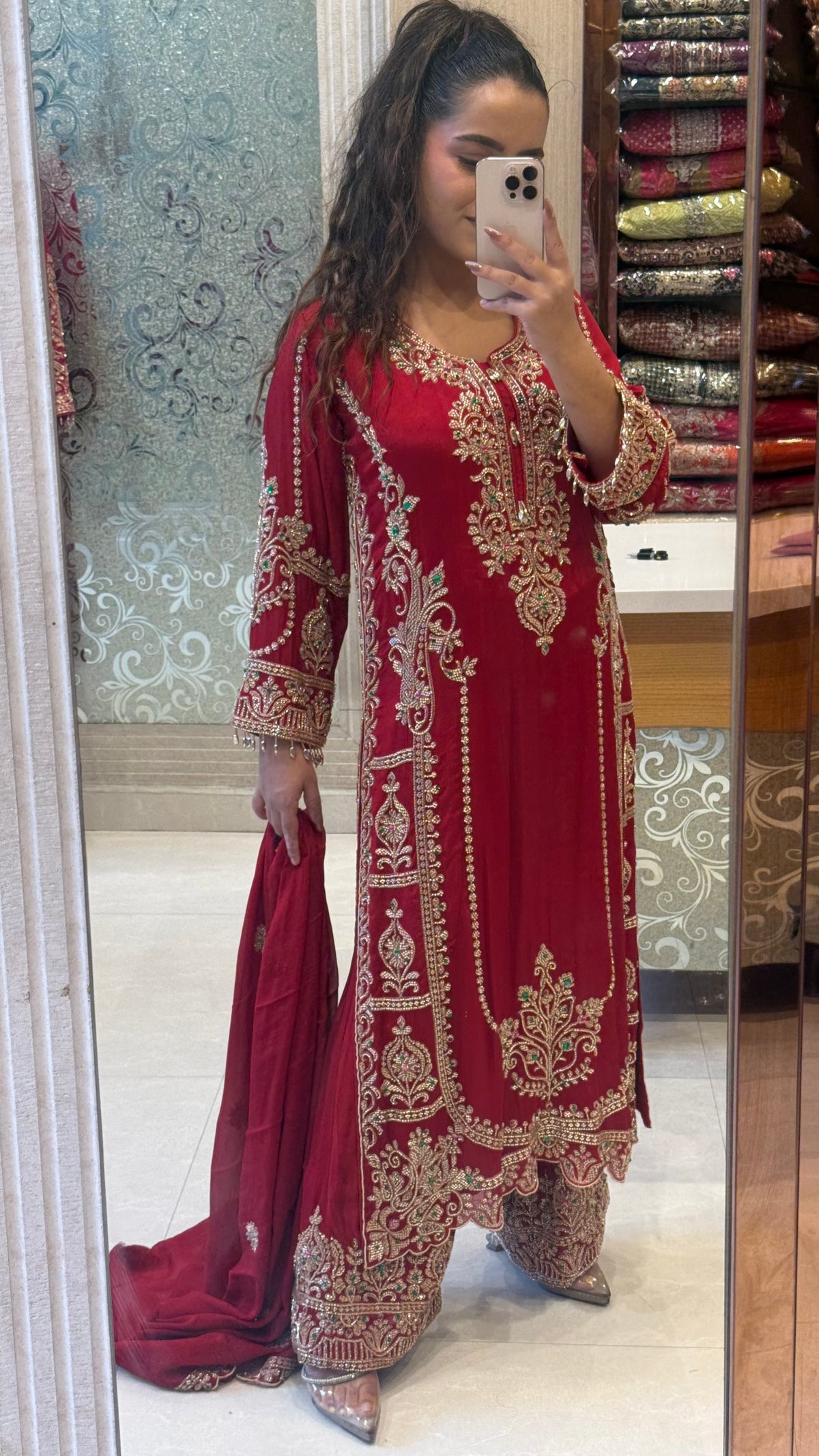 Designer Chinon Suit Set with Beads Work | Sizes Up to 42