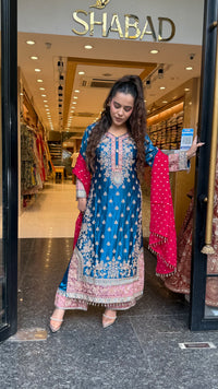 Long Pakistani Suit Set in Satin Silk with Beads Handwork