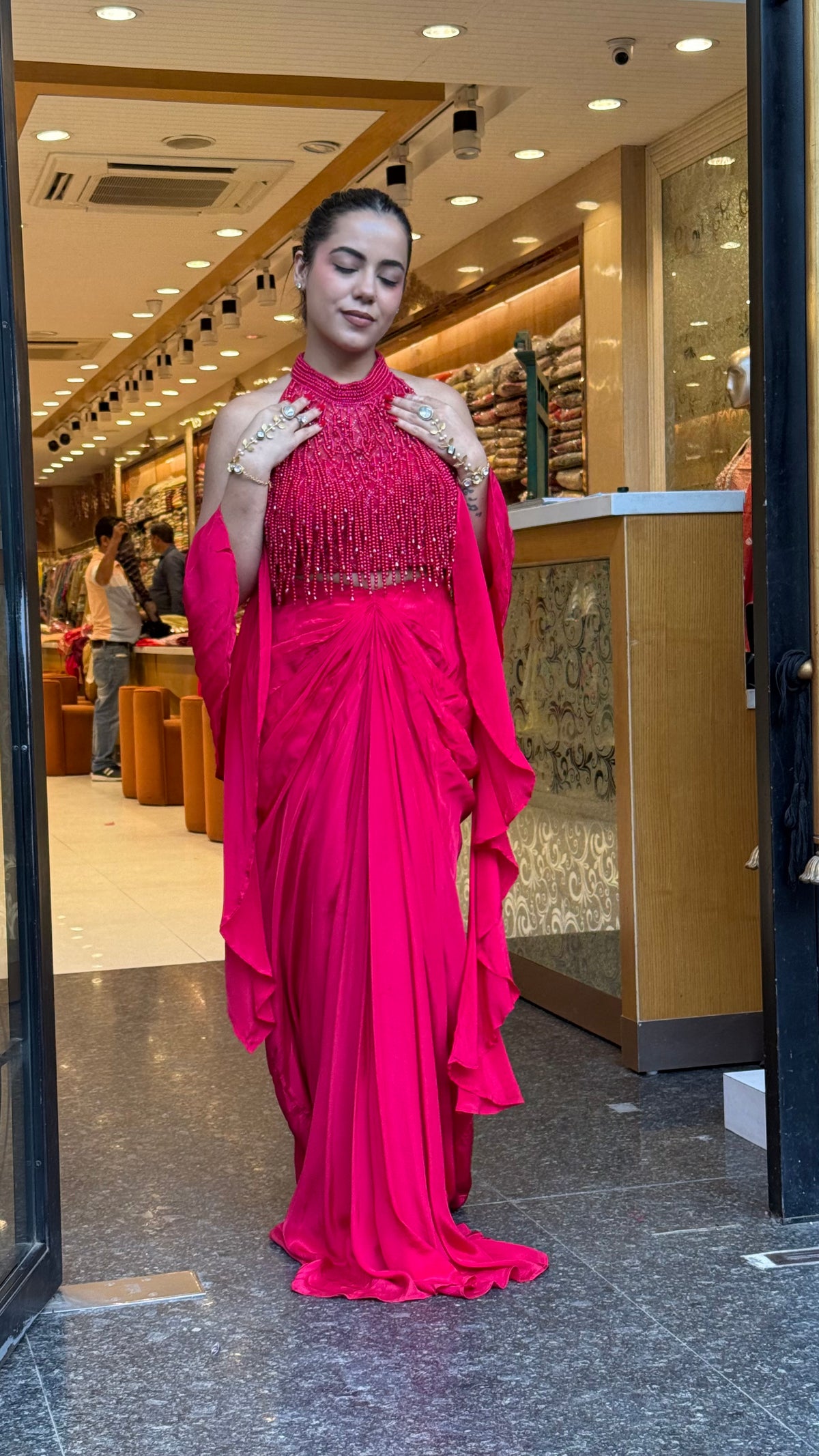 Elegant Crepe Drape Saree with Pearl Tassel Blouse – Designer Ethnic Wear