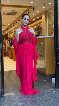 Elegant Crepe Drape Saree with Pearl Tassel Blouse – Designer Ethnic Wear