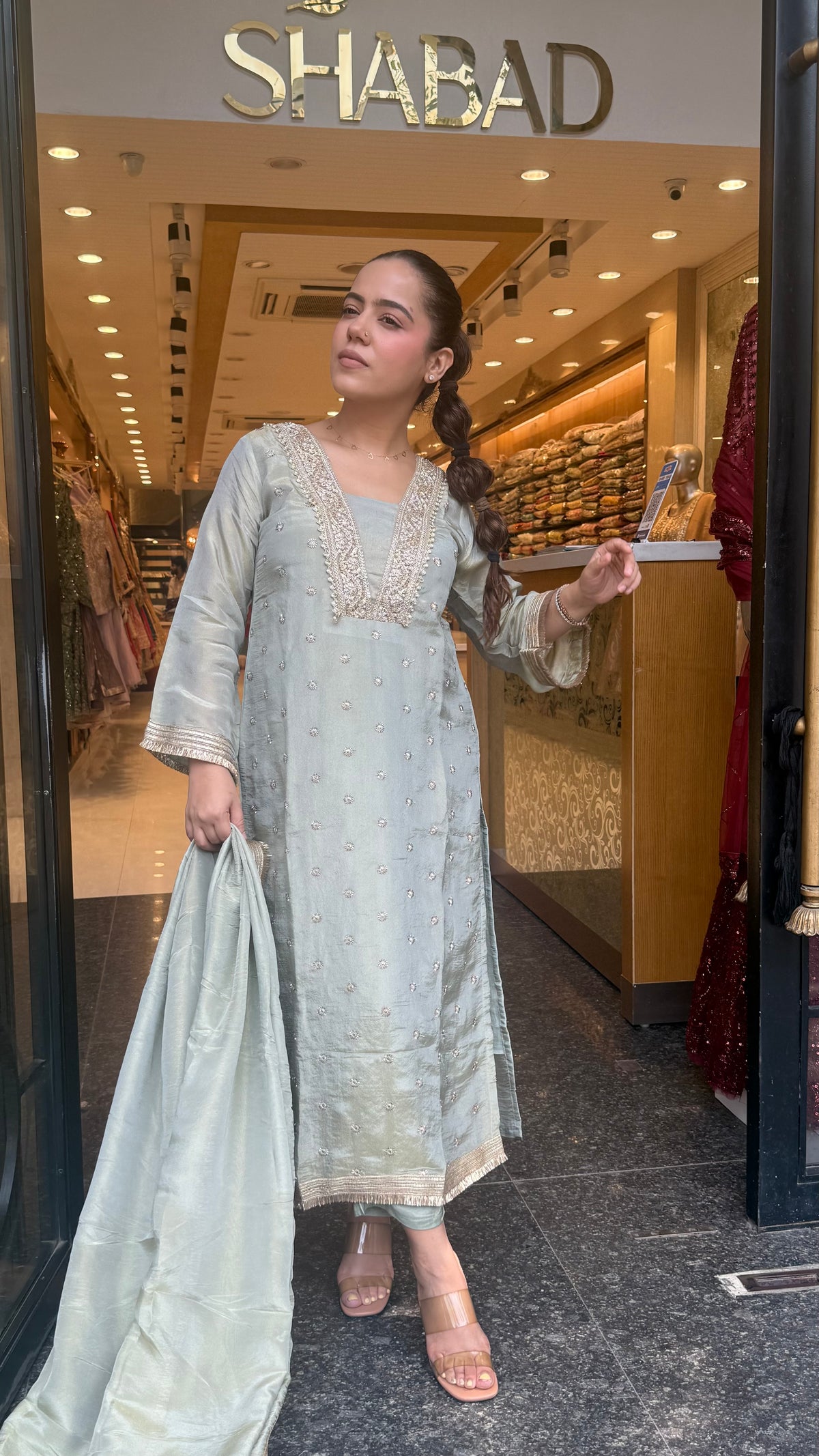 Budget-Friendly Shimmer Tissue Handwork Suit Set | Handworked Cutdana Neckline & Booti | Up to 44