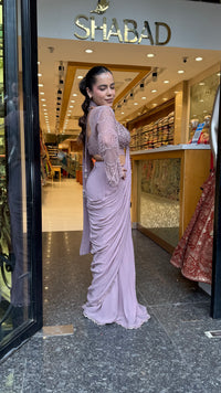 Handwork Georgette Drape Saree with Full-Sleeve Blouse & Tassel Detailing