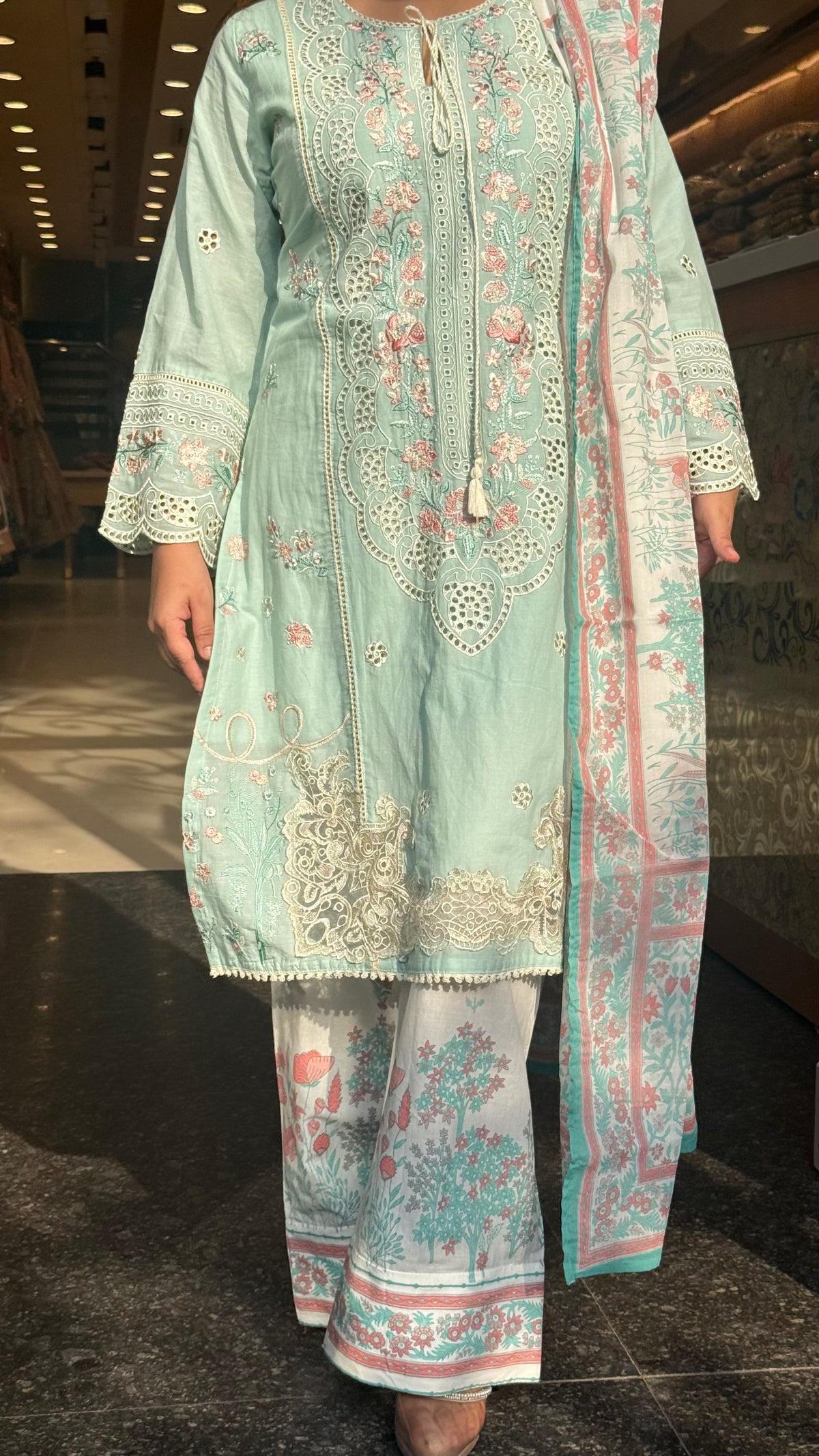 Women’s Cotton Pakistani Suit Set | Cutwork & Thread Embroidery | Printed Bottom | Sizes Up to 44