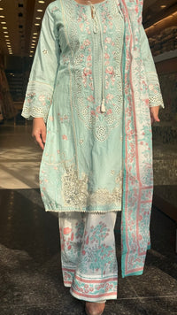 Women’s Cotton Pakistani Suit Set | Cutwork & Thread Embroidery | Printed Bottom | Sizes Up to 44