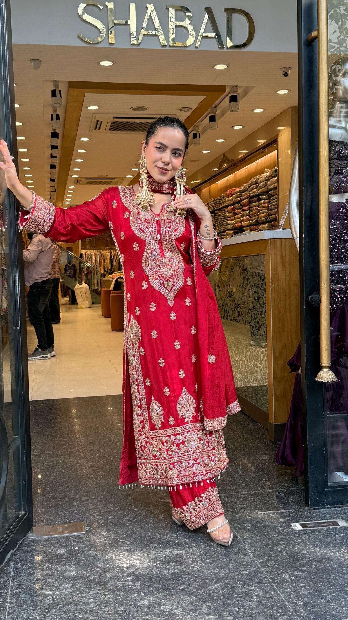 Designer Chinon Suit Set with Multicolour Stone & Beads Work (customisation available for 46/48 size)