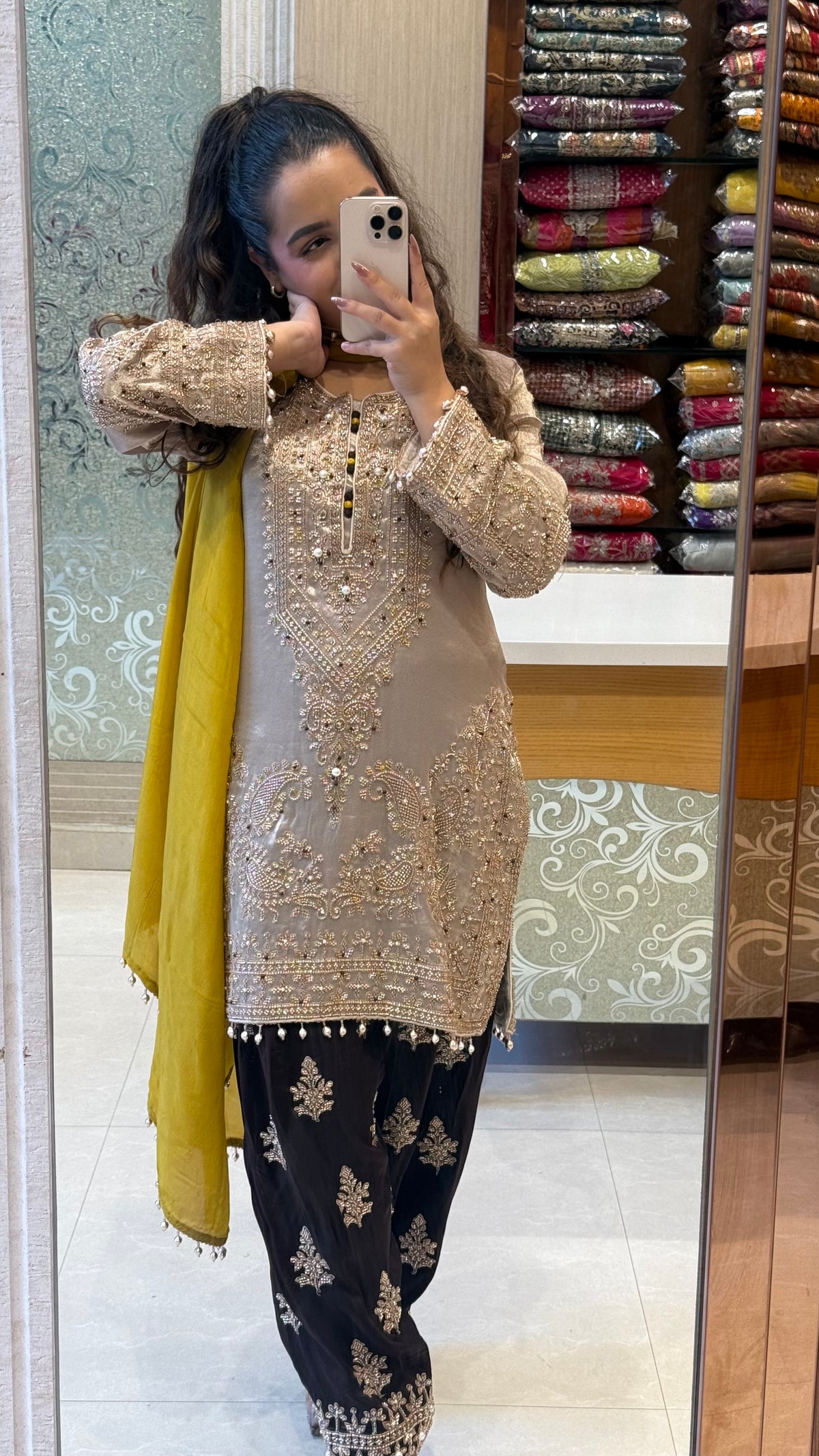 Shimmer Silk Beaded Suit Set with Chinon Salwar Style Pant