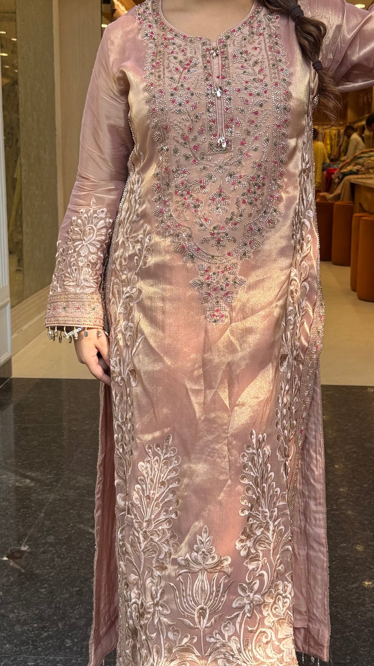 Designer Shimmer Tissue Suit Set with Thread Embroidery Beads & Multicolour Stone Work ( 46 size sides will be plain customisation available if handwork needed )