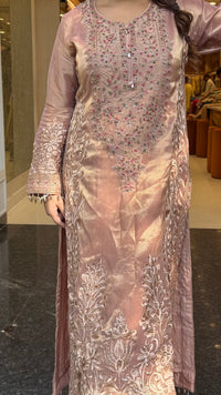 Designer Shimmer Tissue Suit Set with Thread Embroidery Beads & Multicolour Stone Work ( 46 size sides will be plain customisation available if handwork needed )