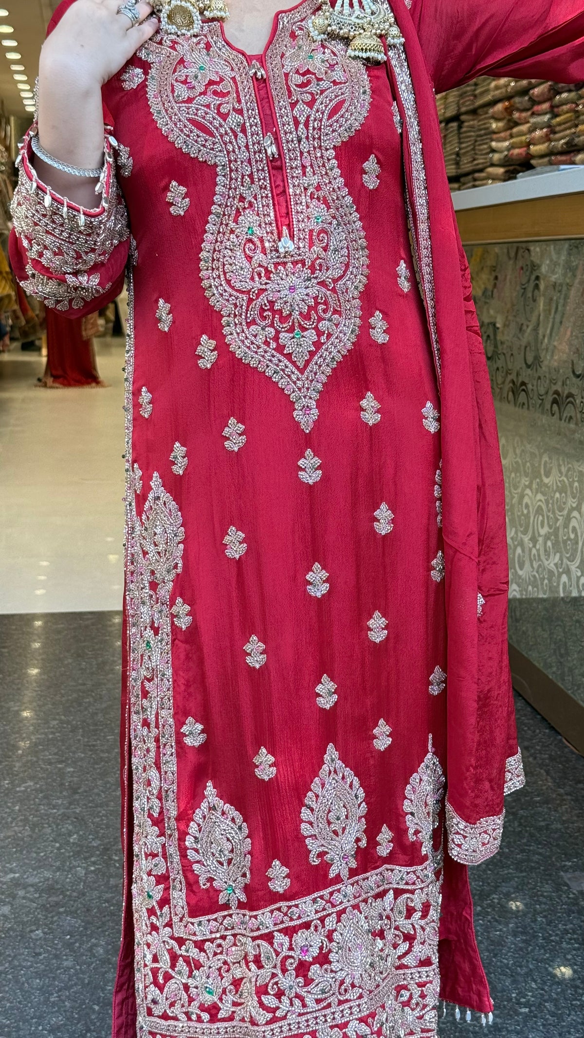 Designer Chinon Suit Set with Multicolour Stone & Beads Work (customisation available for 46/48 size)