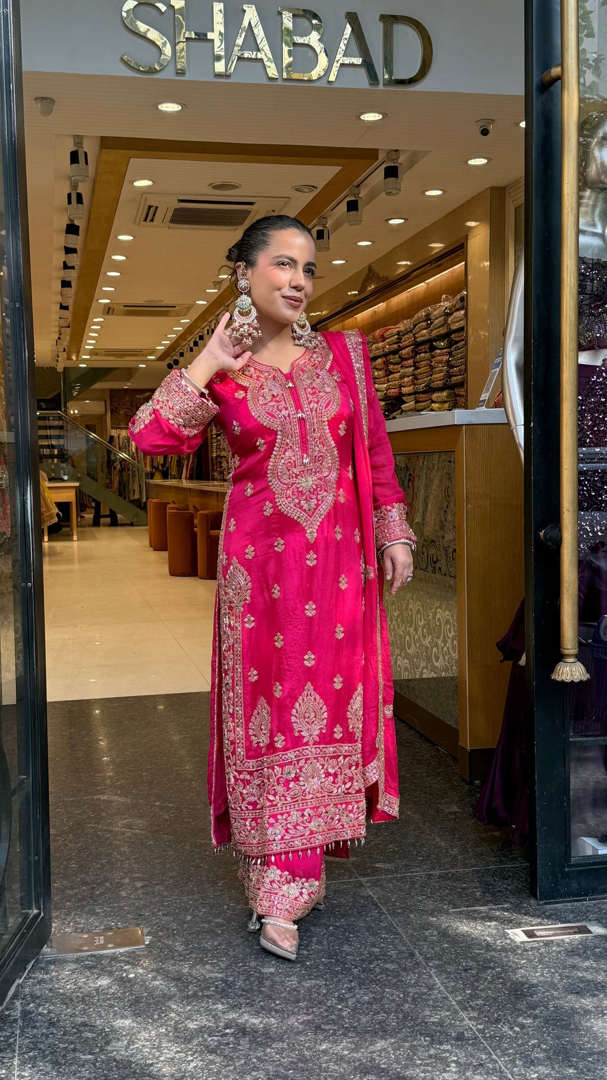 Designer Chinon Suit Set with Multicolour Stone & Beads Work (customisation available for 46/48 size)