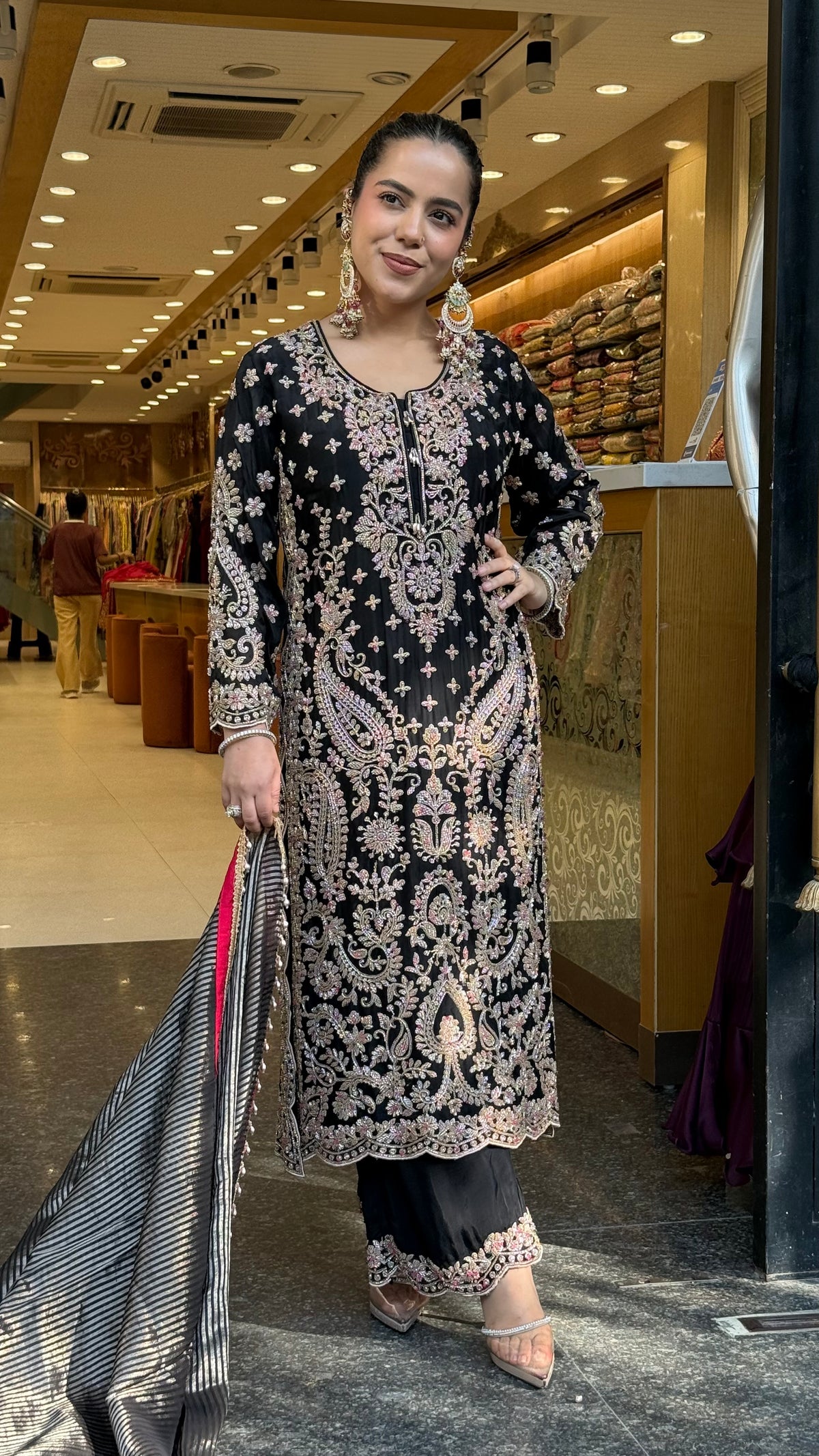 Elegant Satin Silk Suit Set with Beads & Multicolour Stone Work