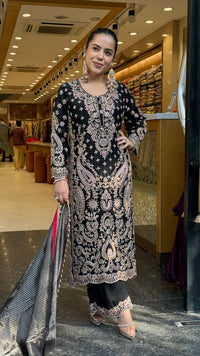 Elegant Satin Silk Suit Set with Beads & Multicolour Stone Work