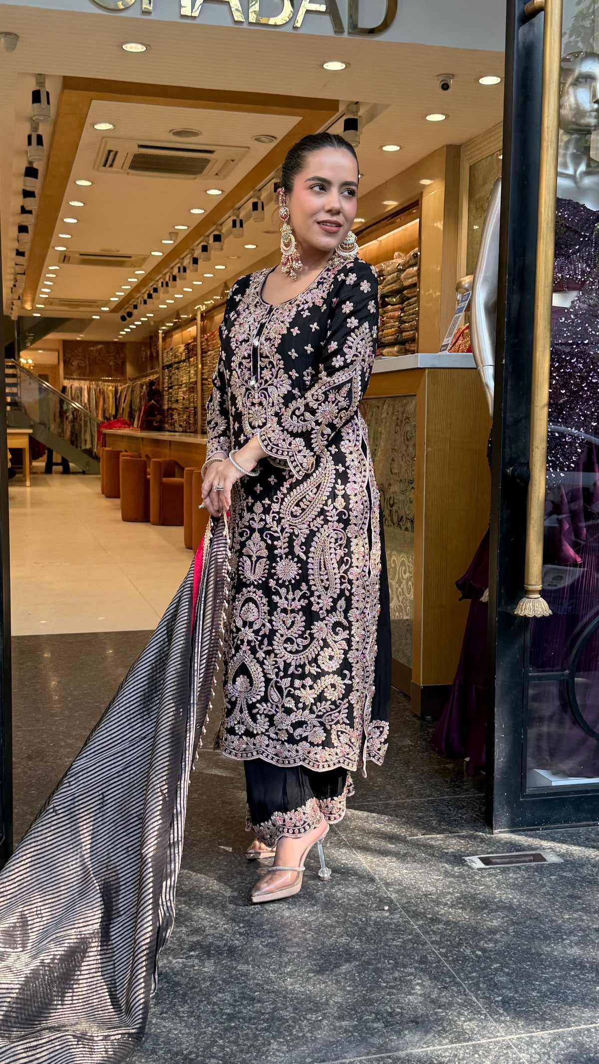 Elegant Satin Silk Suit Set with Beads & Multicolour Stone Work