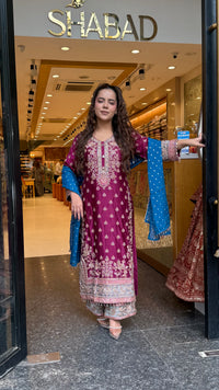 Long Pakistani Suit Set in Satin Silk with Beads Handwork (Copy)