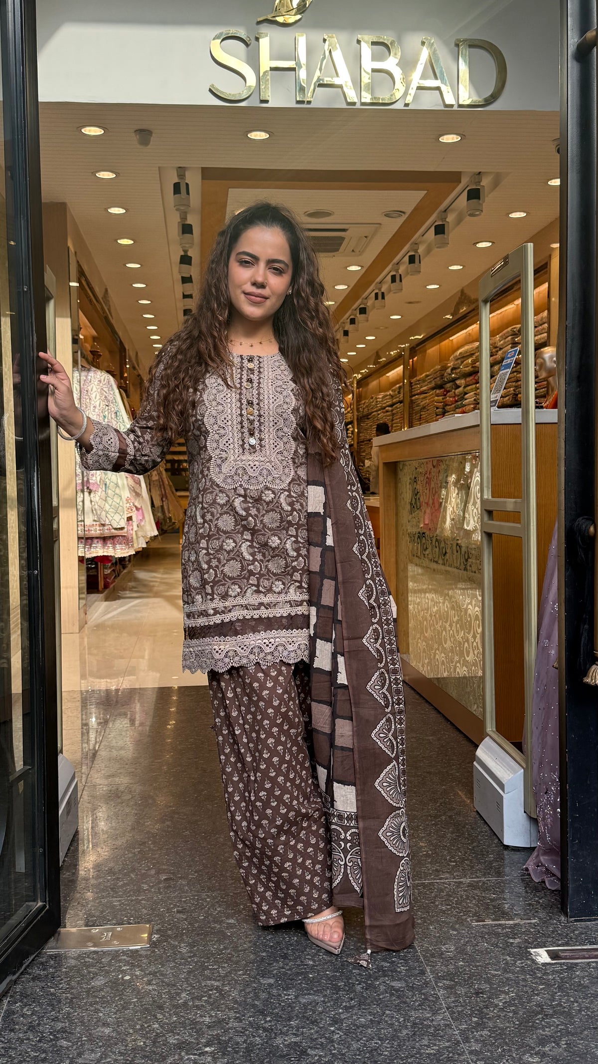 Ajrakh Print Farshi Suit Set with Thread Embroidery Neckline Mirror & Shells Detailing | Up to Size 46 (Copy)