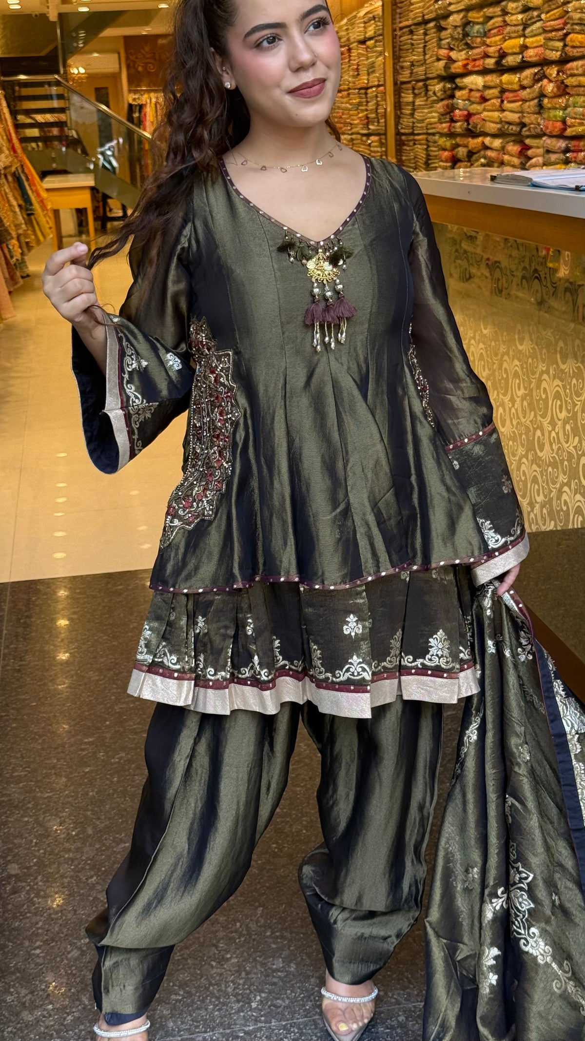 Pure Shimmer Silk Suit Set with Handwork & Stone Embroidery