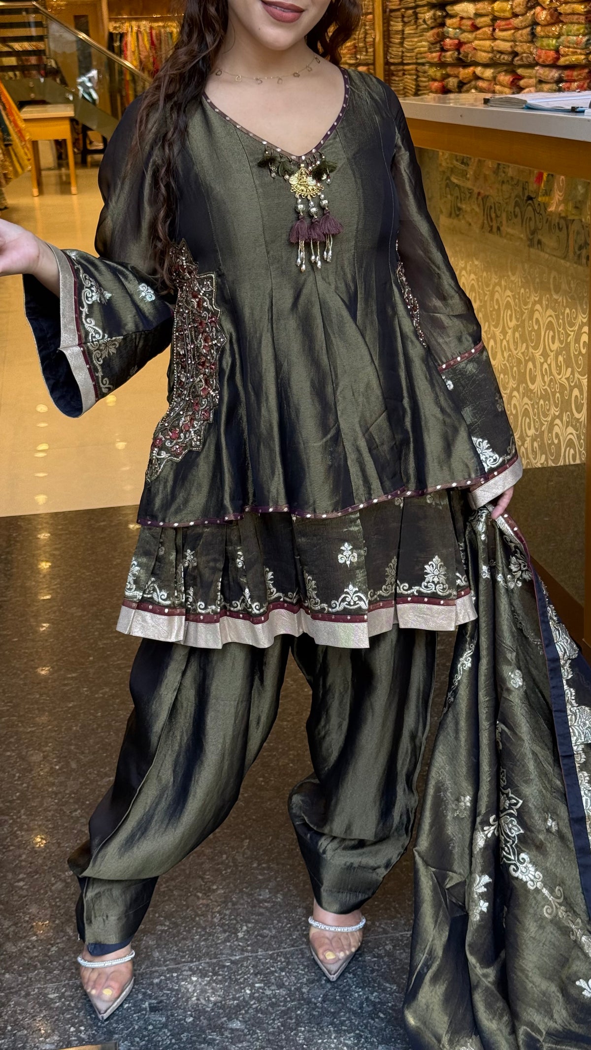Pure Shimmer Silk Suit Set with Handwork & Stone Embroidery