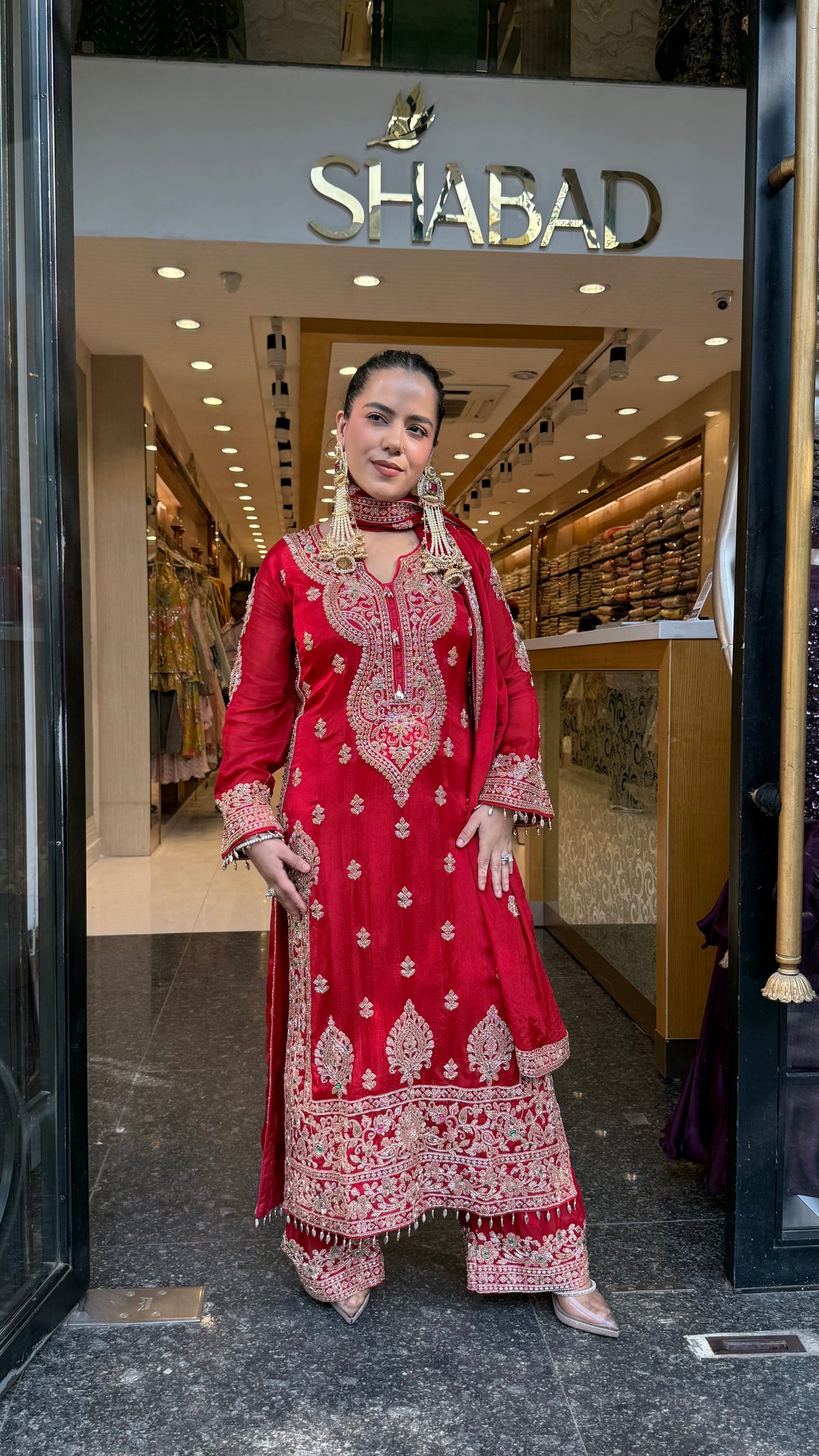 Designer Chinon Suit Set with Multicolour Stone & Beads Work (customisation available for 46/48 size)