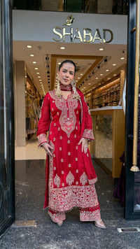 Designer Chinon Suit Set with Multicolour Stone & Beads Work (customisation available for 46/48 size)