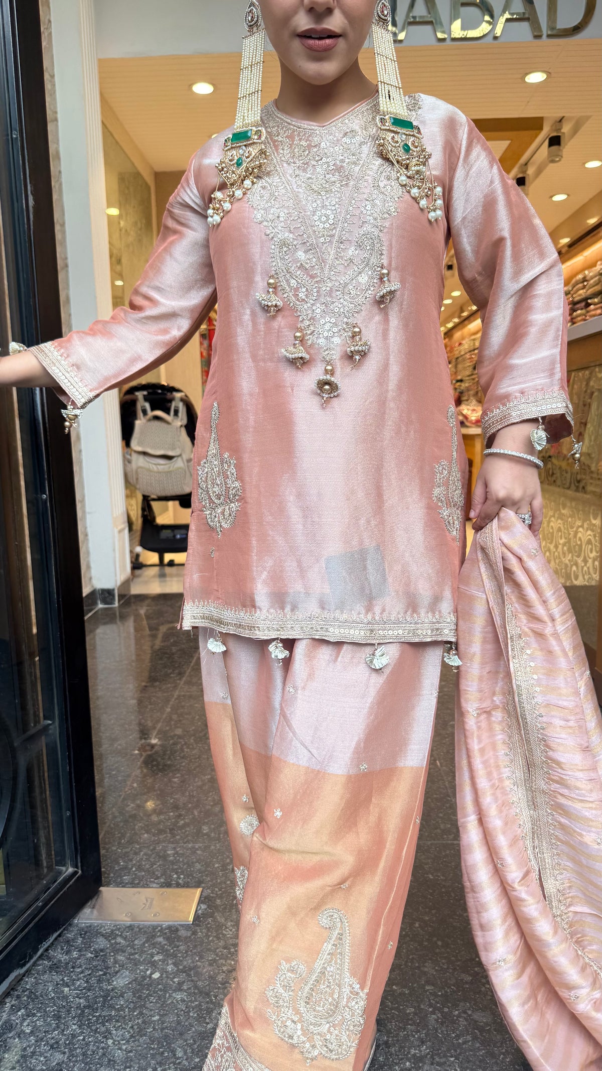 Budget-Friendly Dori Work Suit Set in Shimmer Silk | Sizes Up to 46