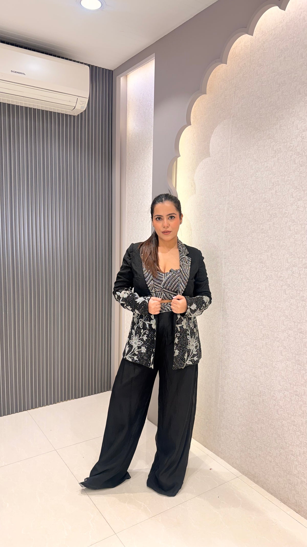 Black Sequin Handwork Silk Blouse with Jacket