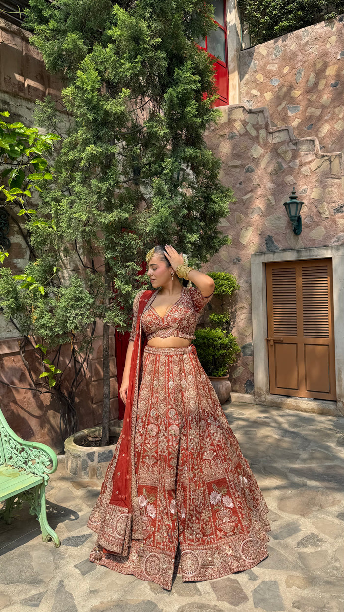 Pure Raw Silk Dori & Thread Embroidered Lehenga with Pearl, Sequin & Stone Detailing