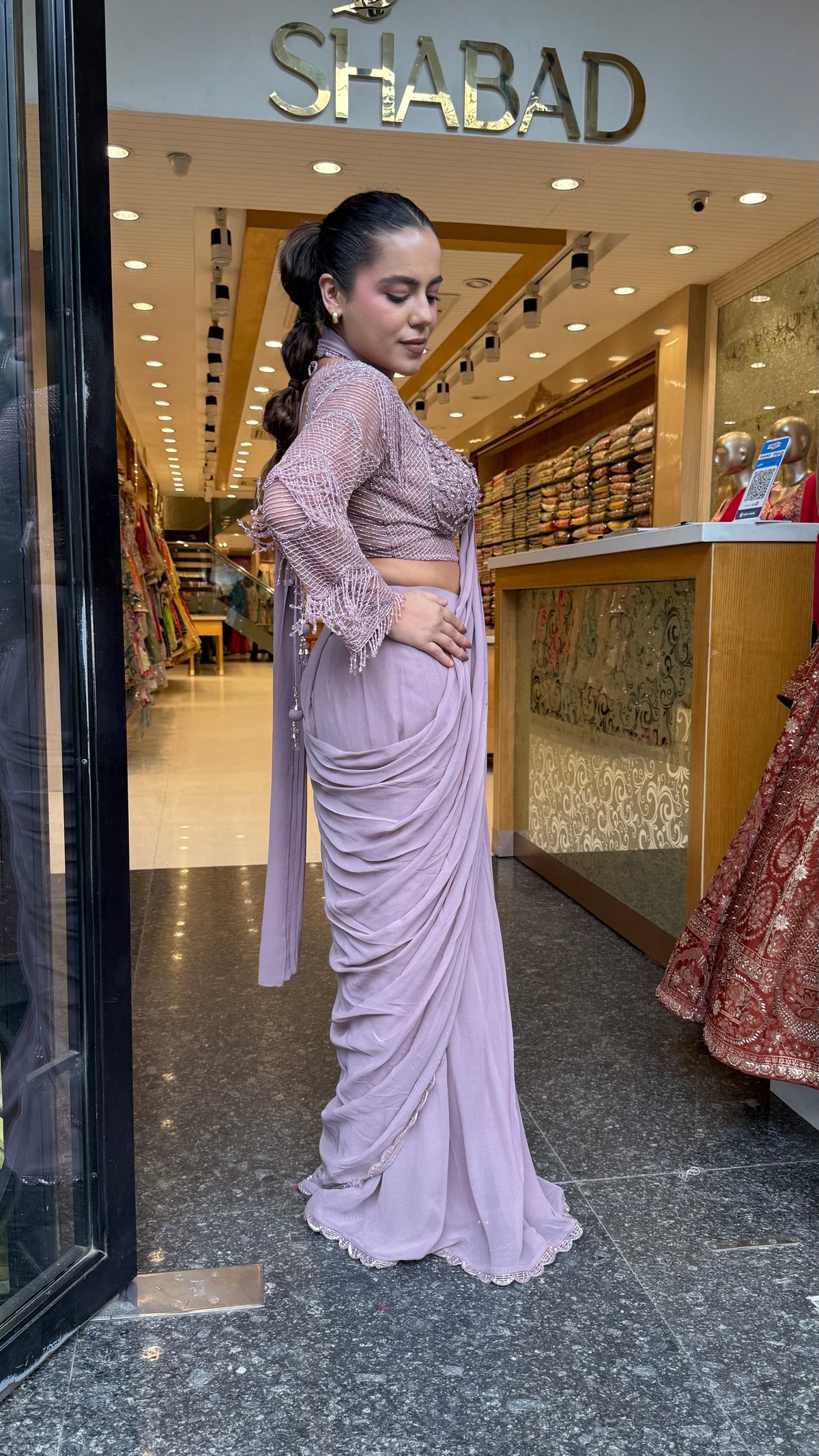 Handwork Georgette Drape Saree with Full-Sleeve Blouse & Tassel Detailing