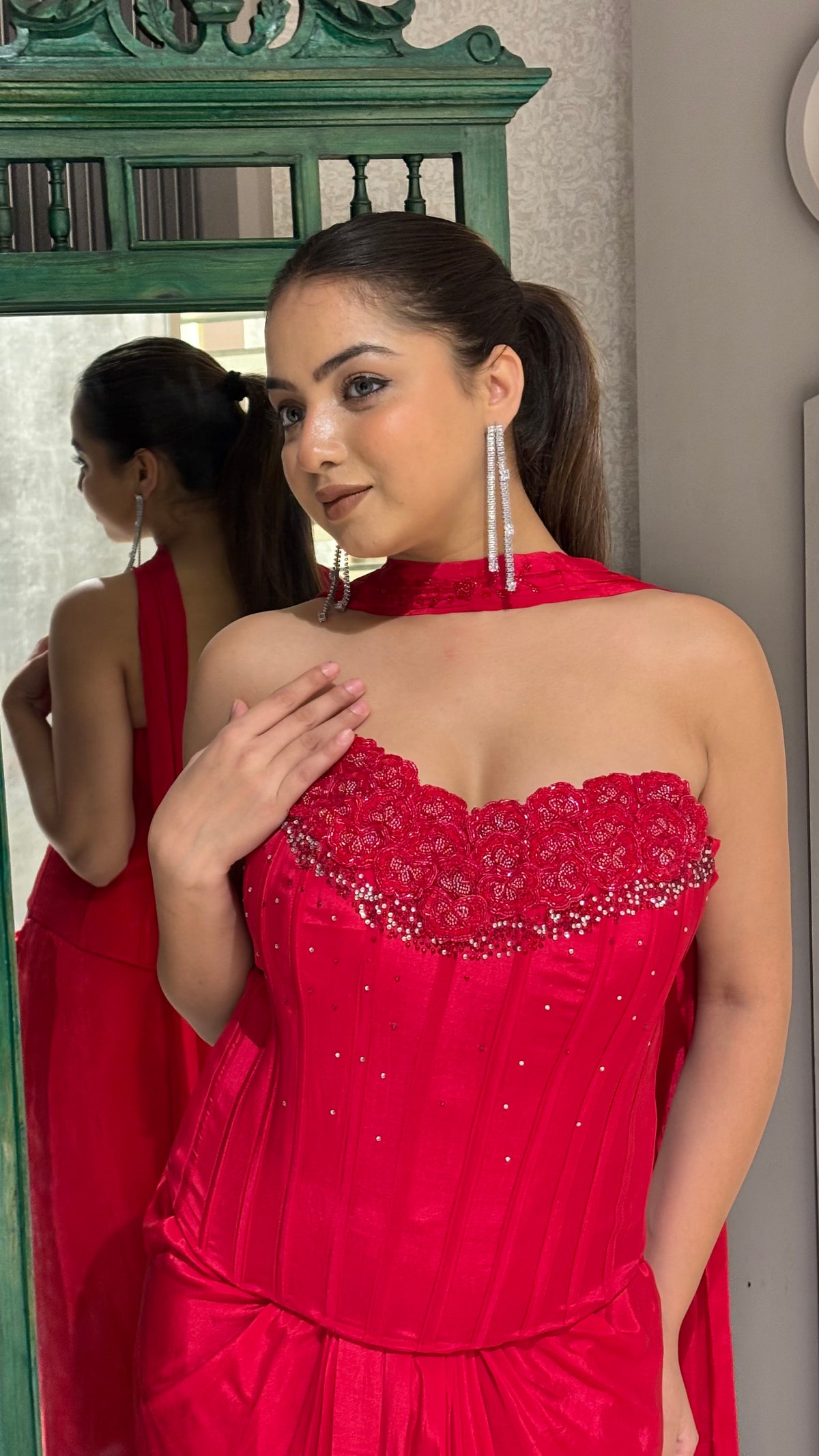 Drape Collection Crepe Saree with Corset Blouse & Choker Dupatta
