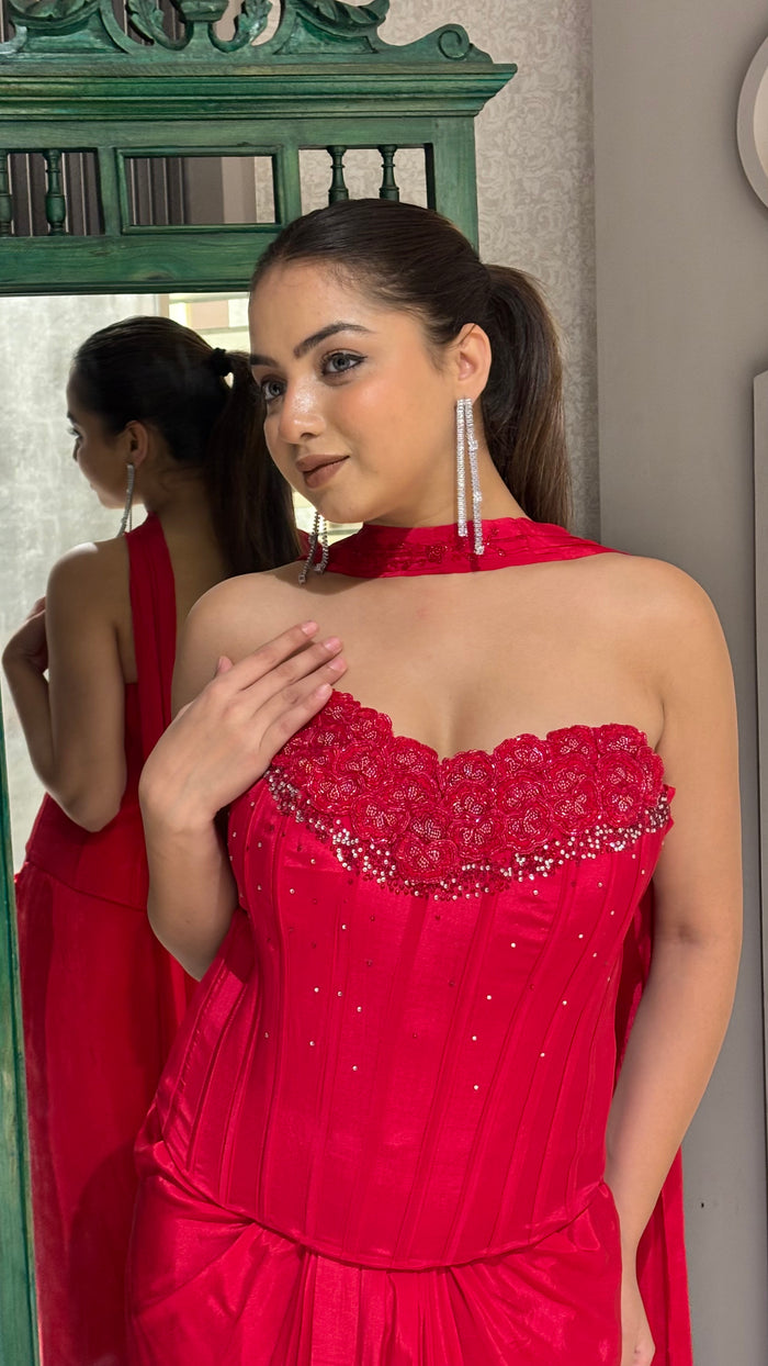 Drape Collection Crepe Saree with Corset Blouse & Choker Dupatta