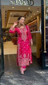 Designer Chinon Suit Set with Multicolour Stone & Beads Work (customisation available for 46/48 size)