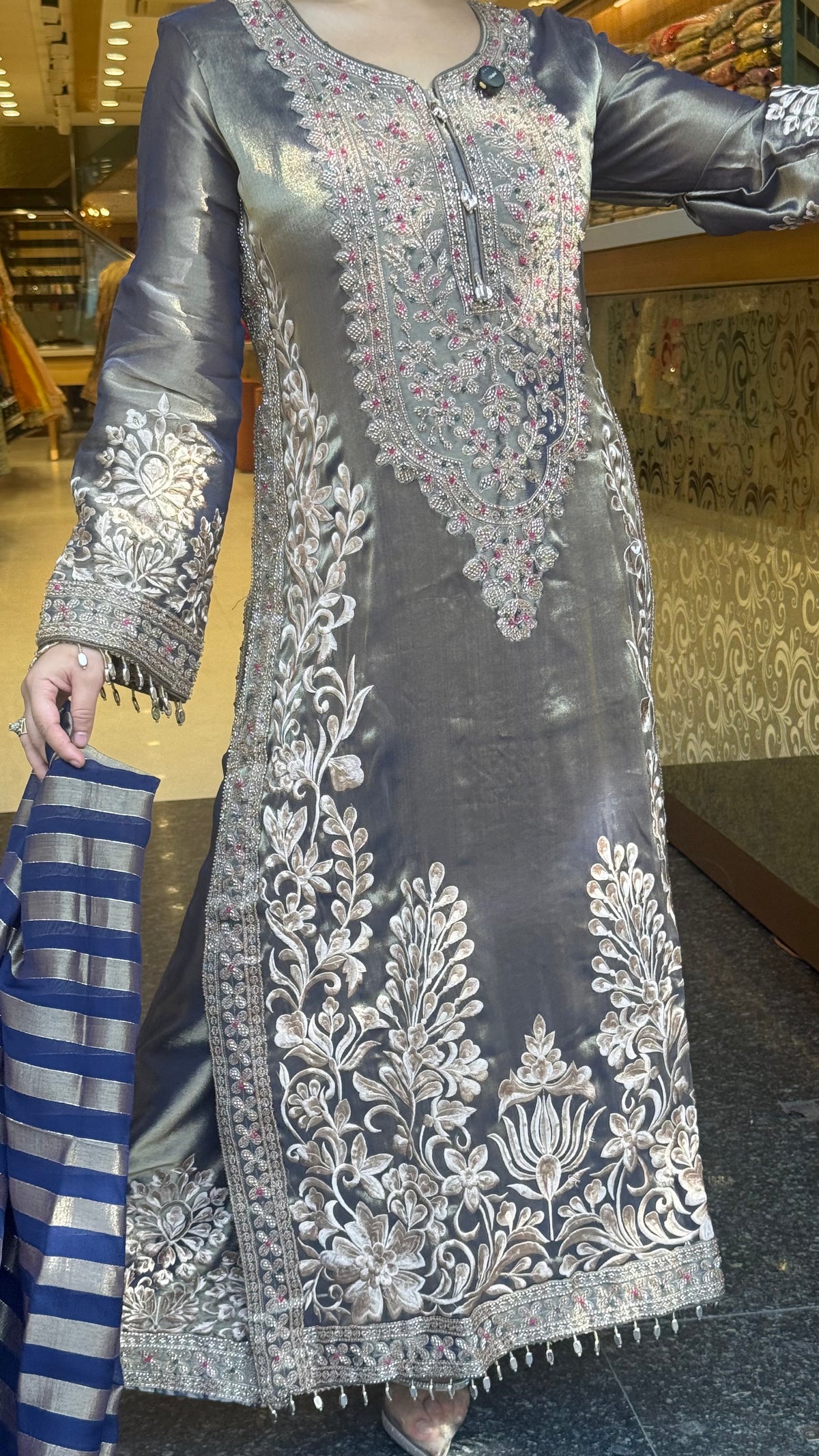 Designer Shimmer Tissue Suit Set with Thread Embroidery Beads & Multicolour Stone Work ( 46 size sides will be plain customisation available if handwork needed )
