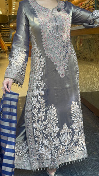 Designer Shimmer Tissue Suit Set with Thread Embroidery Beads & Multicolour Stone Work ( 46 size sides will be plain customisation available if handwork needed )