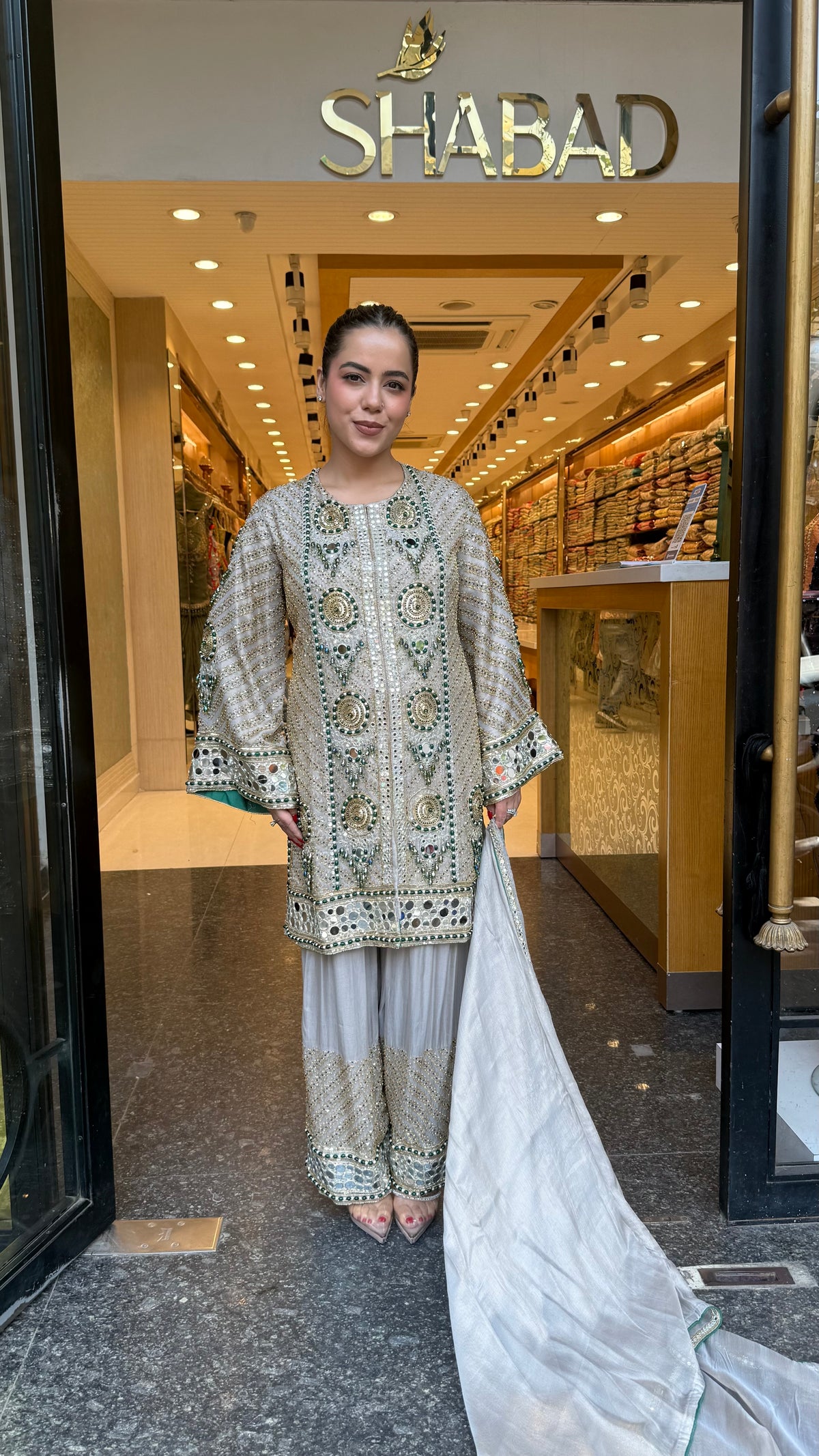 Luxury Shimmer Tissue Suit Set with Beads Jewellery & Mirror Work