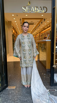 Luxury Shimmer Tissue Suit Set with Beads Jewellery & Mirror Work