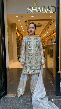 Luxury Shimmer Tissue Suit Set with Beads Jewellery & Mirror Work
