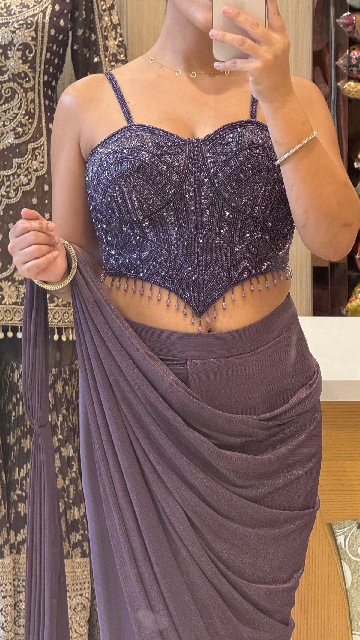 Shimmer Lycra Drape Saree with Handwork Corset Blouse