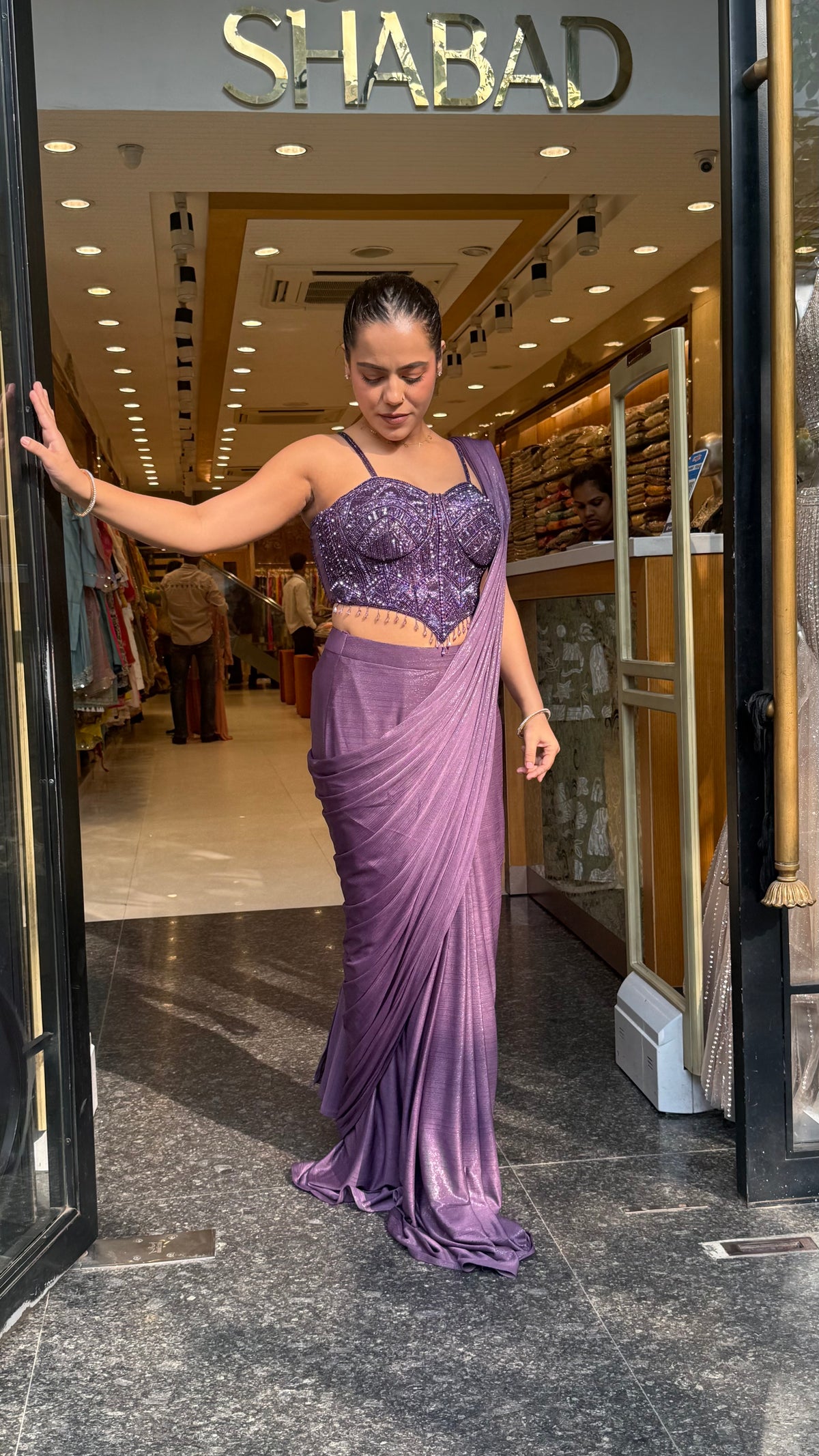 Shimmer Lycra Drape Saree with Handwork Corset Blouse