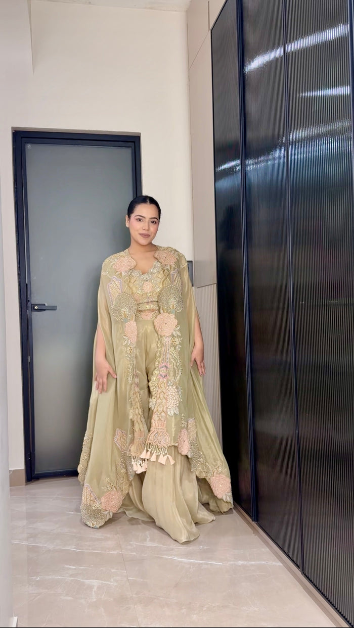 Shimmer Silk Indo-Western 3-Piece Set with Pearl & Cutdana Work